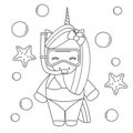 Cute cartoon lovely black and white summer unicorn snorkeling with diving mask in the sea funny vector illustration for coloring a