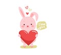 Cute cartoon lovely rabbit with pink large heart