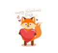 Cute cartoon lovely red fox with pink large heart