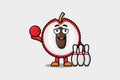 Cute cartoon Lychee character playing bowling