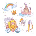 Cute cartoon magic princess icon collection. Icon princess set with princess castle, rainbow, brougham, royal crown and Royalty Free Stock Photo