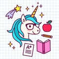 Cute cartoon magic unicorn with eyeglasses, with school themed i