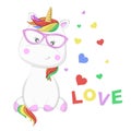 Cute cartoon magical unicorn with colorful hearts