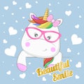 Cute cartoon magical unicorn in glasses and pink bow. Beautiful smile