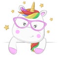 Cute cartoon magical unicorn with gold stars isolated on a white background