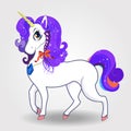 Cute cartoon magical unicorn with purple hair and rainbow eyes on white background. Royalty Free Stock Photo