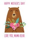 Cute cartoon Mama Bear with flowers bouquet, Mother`s day card Royalty Free Stock Photo