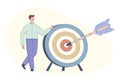 Cute cartoon man and dart board with bow arrow. Direct hit on target. Business purpose, success, goal achievement concept. Royalty Free Stock Photo