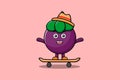 cute cartoon Mangosteen standing on skateboardCute cartoon Mangosteen character is fitness with barbell in modern style design