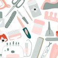 Cute cartoon manicure pedicure equipment vector pattern set with nail scissors, polish, nail drill machine.