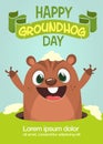 Cute cartoon marmot looking from hole in ground. Groundhog Day isolated vector illustration. Design for poster or postcard