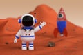 Cute Cartoon Mascot Astronaut Character Person Waving Hand near Rocket on Mars. 3d Rendering