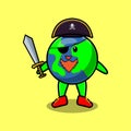 Cute cartoon mascot character earth pirate with hat and holding sword