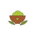 Cute cartoon vector matcha powder green tea in bowl cup with leaf
