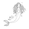 Cute cartoon mermaid and fish. Siren. Sea theme. isolated objects on white background.