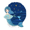 Cute cartoon mermaid and fish. Siren. Sea theme. isolated objects on white background.