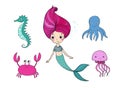 Cute cartoon mermaid, funny crab, jellyfish, octopus and sea horse.