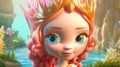 Cute Cartoon Mermaid with pink hair. beautiful blue eyes and long pink hair