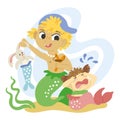 Cute cartoon mermaids boy and crying girl vector illustration Royalty Free Stock Photo