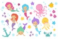 Cute cartoon mermaids, sea animals and ocean life objects vector set