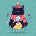 Cute cartoon Merry Christmas card with cat