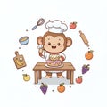 Cute cartoon monkey chef baking a cake, surrounded by fruits and kitchen tools. Vector illustration. Royalty Free Stock Photo