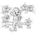 Cute Cartoon Monkeys on Tree Branches Eating Bananas - Coloring Page Royalty Free Stock Photo