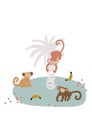 Cute cartoon monkey on island vector childish illustration. Royalty Free Stock Photo