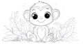 Cute Monkey Coloring Page Outline Sitting in Jungle Leaves, Line Art Royalty Free Stock Photo