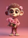 Cute Cartoon Monkey With Very Big Eyes Holding A Bouquet Of Flowers A Pink Background. Generative AI Royalty Free Stock Photo