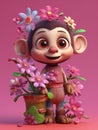 Cute Cartoon Monkey With Very Big Eyes Holding A Pot Of Colorful Flowers A Pink Background. Generative AI Royalty Free Stock Photo