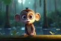 Cute Cartoon Monkey With Very Big Eyes And Pitying Gaze A Forest With A Glowing Lake. Generative AI