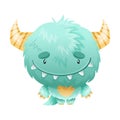 Cute cartoon monster baby character. Fluffy horned alien with funny smiling face vector illustration Royalty Free Stock Photo