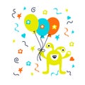 Cute cartoon monster with balloons. Doodle Childrens greeting card or party invitation template