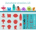 Cute cartoon monster creation kit in flat style, Monsters body parts big set building icon. Colorful kids toy cute