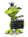 Cute cartoon monster holding a film clapboard.