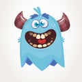 Cute cartoon monster with horns laughing. Smiling monster emotion with big mouth. Halloween vector illustration.