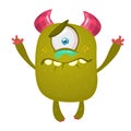 Cute cartoon monster with horns and one eye. Crying monster emotion. Halloween vector illustration.