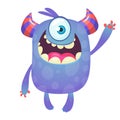 Cute cartoon monster with horns and with one eye. Smiling monster emotion with big mouth. Royalty Free Stock Photo