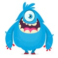 Cute cartoon monster with horns with one eye. Smiling monster emotion with big mouth. Royalty Free Stock Photo