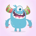 Cute cartoon monster with horns with one eye. Smiling monster emotion with big mouth. Halloween vector illustration. Royalty Free Stock Photo