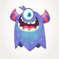 Cute cartoon monster with horns and with one eye. Smiling monster emotion with big mouth. Halloween vector illustration. Royalty Free Stock Photo