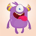 Cute cartoon monster with horns with one eye. Smiling monster emotion with big mouth. Halloween vector illustration. Royalty Free Stock Photo