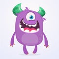 Cute cartoon monster with horns with one eye. Smiling monster emotion with big mouth. Halloween vector illustration. Royalty Free Stock Photo