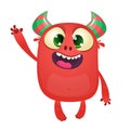 Cute cartoon monster mascot waving. Vector illustration of funny baby alien character.