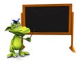 Cute cartoon monster pointing at blank blackboard.