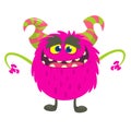 Cute cartoon monster smiling. Vector illustration of pink hairy monster. Halloween design. Royalty Free Stock Photo