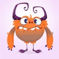 Cute cartoon monster. Vector furry orange monster character with tiny legs and big horns. Halloween design. Royalty Free Stock Photo