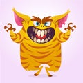 Cute cartoon monster. Vector furry striped orange monster character with tiger look Royalty Free Stock Photo