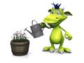 Cute cartoon monster watering flowers. Royalty Free Stock Photo